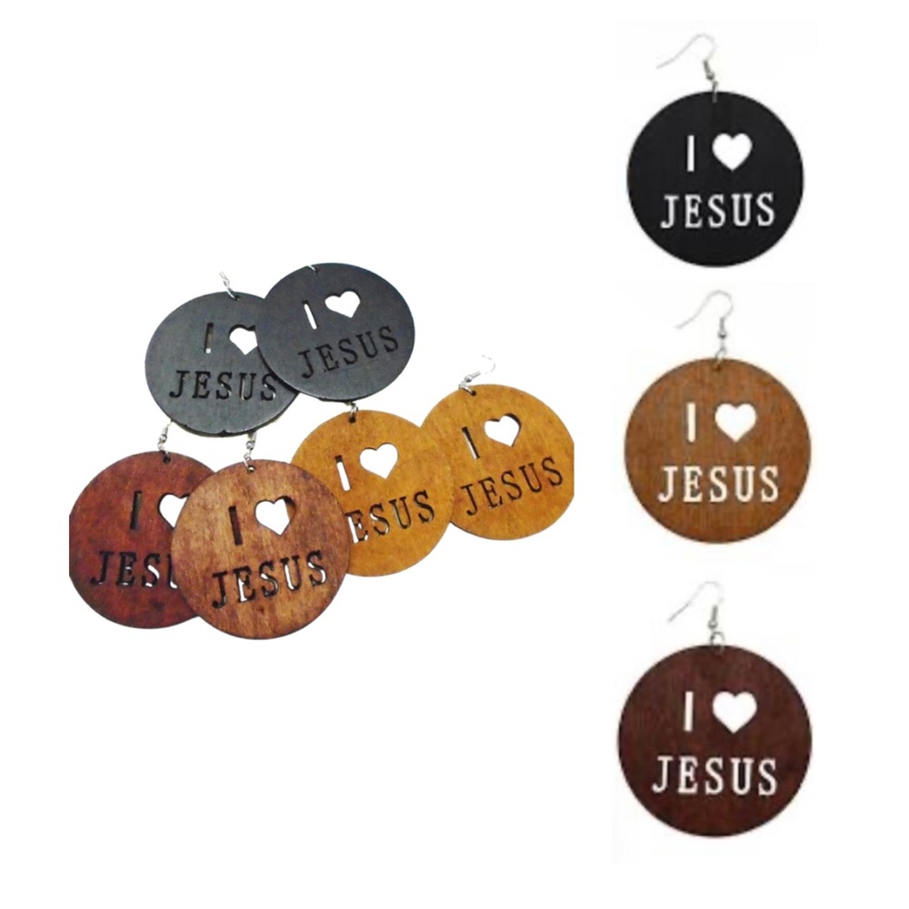 “I Love Jesus” Wood 3 Pair Earrings